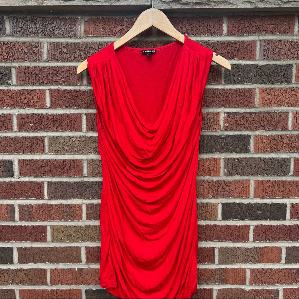 Express Bright Red Ruched Plunge Neck Sleeveless Blouse Tank Top